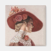 Elegant Victorian Lady Fine Art Vintage Rose Hat Refrigerator Magnets