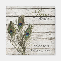 elegant vintage barnwood peacock save the date magnet