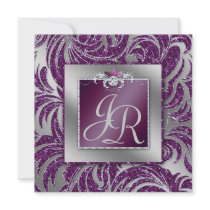 Elegant Wedding Invite Leaf Floral Purple Sparkle