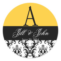 Elegant Wedding Monogram Names Date Damask Yellow Round Sticker