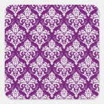 Elegant White on Purple Damask Square Sticker
