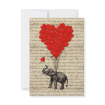 Elephant holding heart shaped balloons invite