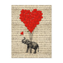 Elephant holding heart shaped balloons postcards