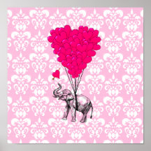 Éléphant mignon drôle et damassé rose affiche