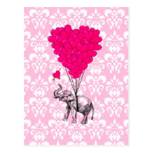 Éléphant mignon drôle et damassé rose cartes postales