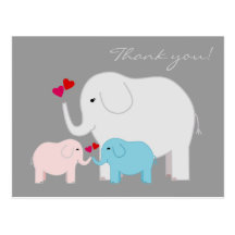 Elephants in Blue and Pink Thank You Postcard