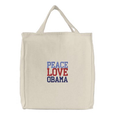 Embroidered Peace Love Obama Tote Bag