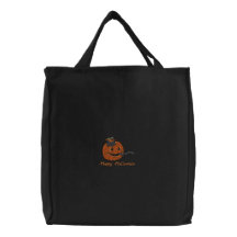 Embroidered Pumpkin & Cat Happy Halloween Canvas Bag