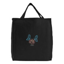 Embroidered Twin Butterflies Rose Name Carryall Canvas Bags