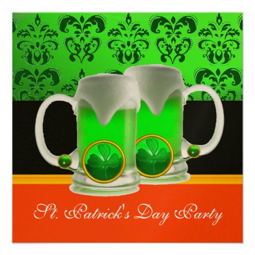 EMERAL GREEN WHITE  DAMASK ,SHAMROCK ,Black Orange Invites