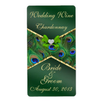 Emerald Green Peacock  Wedding Wine Label