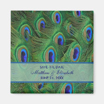 Emerald Green Royal Blue Peacock Feathers Wedding Fridge Magnet
