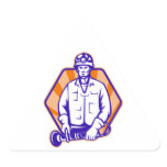 Emergency Worker With Angle Grinder Tool Retro Triangle Sticker