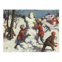 Enfants jouant dans la neige construisant un bonho cartes postales