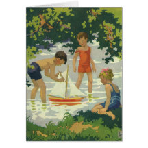Enfants vintages jouant l'étang d'été de voiliers  carte de vœux