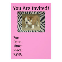 English Bulldog Puppy Zebra & Pink Invitations