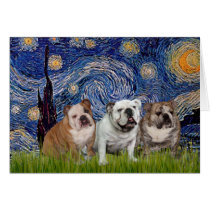 English Bulldog Trio - Starry Night Greeting Cards