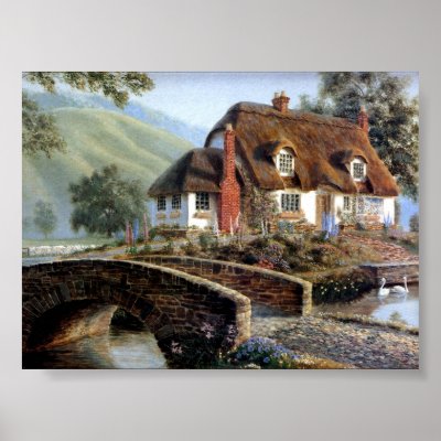 English Cottage in the countryside. Print by stjosephschool
