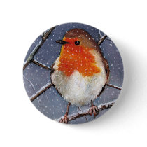 ENGLISH ROBIN IN SNOW: OIL PASTEL ART PINBACK BUTTON