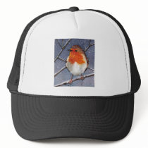 ENGLISH ROBIN IN SNOW: OIL PASTEL ART TRUCKER HATS