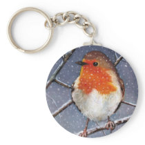 ENGLISH ROBIN IN SNOW: OIL PASTEL ART KEYCHAINS