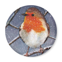 ENGLISH ROBIN IN SNOW: OIL PASTEL ART MAGNET