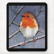 ENGLISH ROBIN IN SNOW: OIL PASTEL ART MOUSE PADS