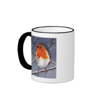 ENGLISH ROBIN IN SNOW: OIL PASTEL ART COFFEE MUGS