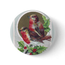 English Robins and Holly Vintage Christmas Pin