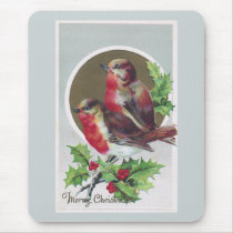 English Robins and Holly Vintage Christmas Mousepads