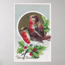 English Robins and Holly Vintage Christmas Print