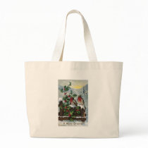 English Robins on a Fence Antique Christmas Canvas Bags