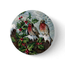 English Robins on a Fence Antique Christmas Buttons