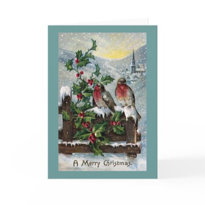 English Robins on a Fence Antique Christmas Greeting Card by pinkalmond