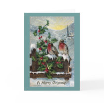 English Robins on a Fence Antique Christmas Greeting Card