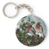 English Robins on a Fence Antique Christmas Key Chain