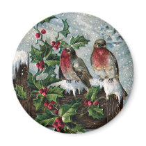 English Robins on a Fence Antique Christmas Magnets