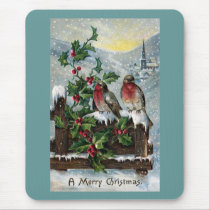 English Robins on a Fence Antique Christmas Mouse Pad