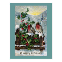 English Robins on a Fence Antique Christmas Postcard