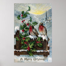 English Robins on a Fence Antique Christmas Print