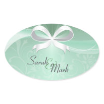 Envelope Seal Green & White Floral Ribbon Wedding Oval Sticker