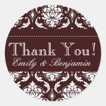 Espresso Damask Wedding Thank You Stickers