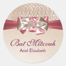 Étiquette rose en ivoire de bat mitzvah de damassé autocollant