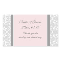 Étiquettes roses grises de faveur de mariage damas carte de visite