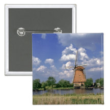 Europe, Netherlands, Kinerdijk. A windmill sits Pinback Buttons