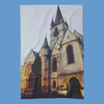 Evangelic church at night kitchen towels