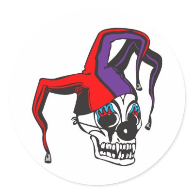 evil jester clown skull round stickers by halloweenie