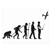 evolution of man controling model airplane postkarte