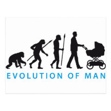 evolution of man with baby buggy postkarte
