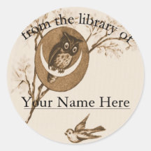 Ex-libris de hibou et d'oiseau adhésif rond